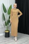Çağla Kolu Tüylü Elbise Camel