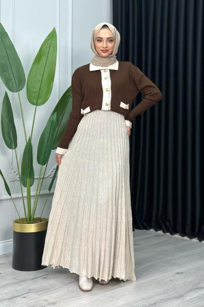 Damla Triko Etekli Takım Tesettür Ekose Kahve