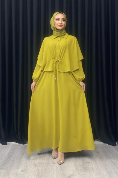 Tuğba Pelerinli Elbise Yağ Yeşili