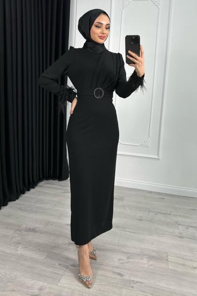 Elçin Kolu tüylü Elbise Siyah