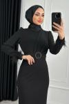 Elçin Kolu tüylü Elbise Siyah