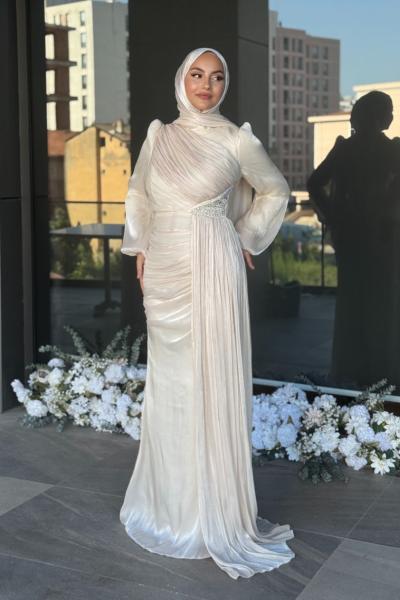 Aliye Tesettür Abiye Krem