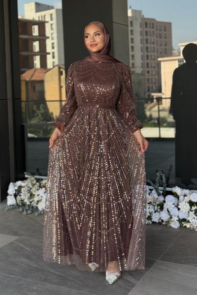 Asena Tesettür Abiye Kahverengi