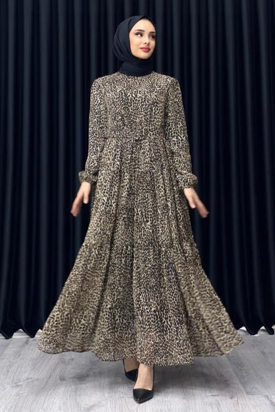 AYSEL İNCE LEOPAR DESEN ŞİFON ELBİSE Siyah