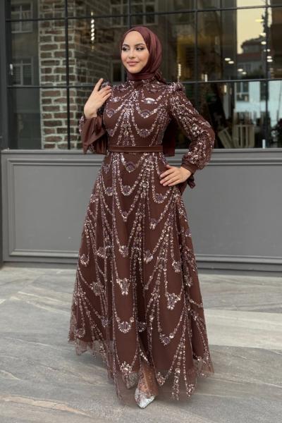 Belkıs Tesettür Abiye Kahverengi