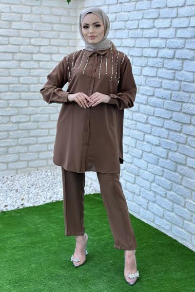 Bestenur Pantolon Takım Tesettür Kahverengi