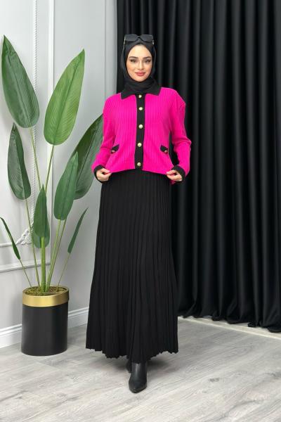 Damla Triko Etekli Takım Tesettür Fuşya
