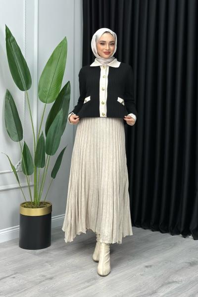 Damla Triko Etekli Takım Tesettür Siyah