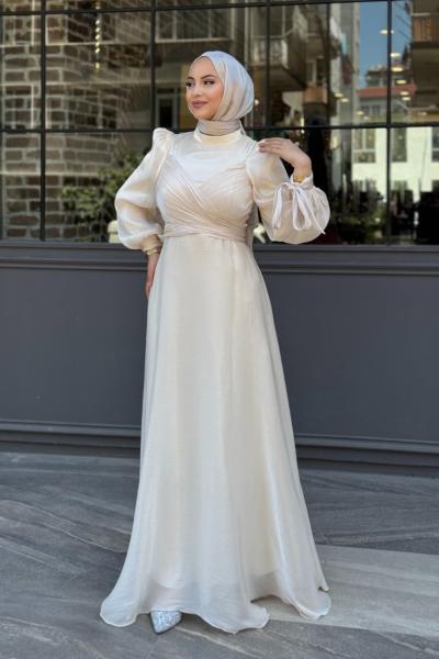 Ela tesettür abiye Ekru