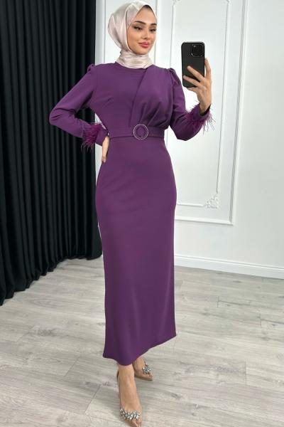 Elçin Kolu tüylü Elbise Mor