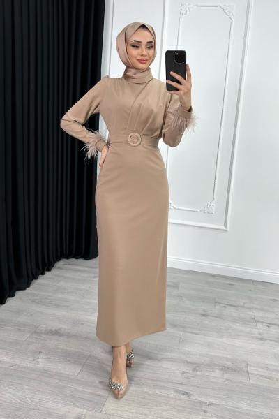 Elçin Kolu tüylü Elbise Vizon