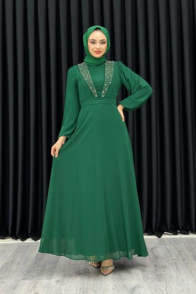 Funda Önü Taşlı Şifon Abiye Tesettür Zümrüt