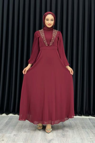 Funda Önü Taşlı Şifon Abiye Tesettür Bordo