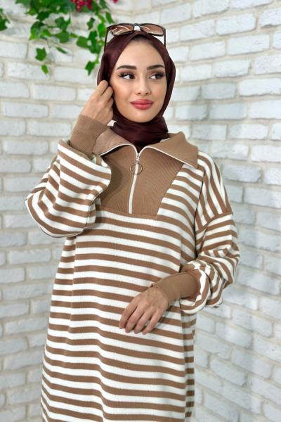 Gaye Çizgili Triko Tesettür Sütlü Kahve