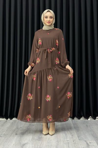 GİZEM ŞİFON ELBİSE Kahverengi