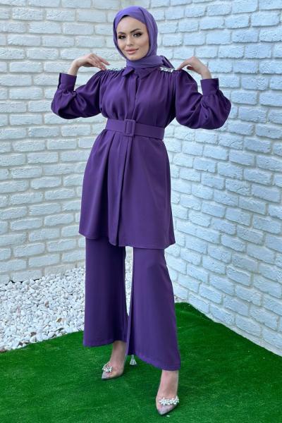 Gönül Pantolonlu Takım Tesettür Mor