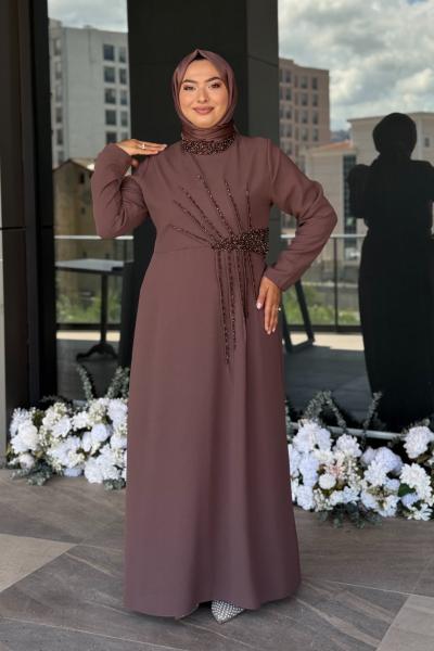 Kadife Tesettür Abiye Kahverengi