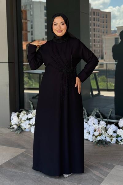Kadife Tesettür Abiye Siyah