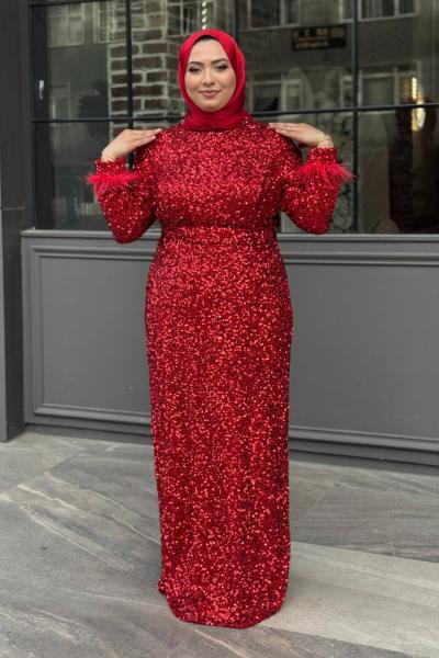 MELİKE Payetli Kalem Abiye Kırmızı