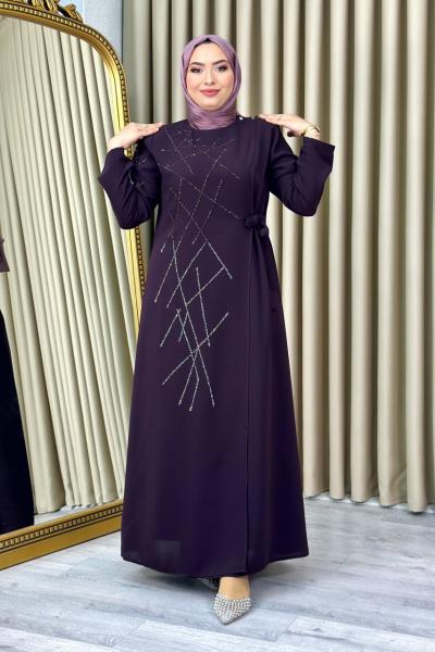 Nevra taşlı tesettür abiye büyük beden Mürdüm