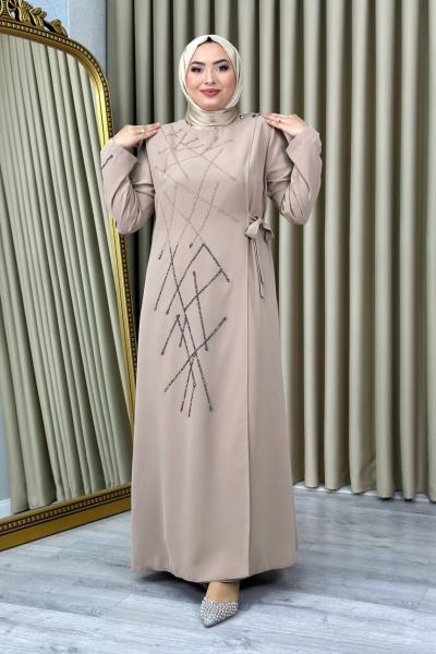 Nevra taşlı tesettür abiye büyük beden Vizon