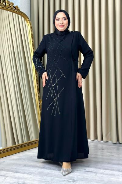 Nevra taşlı tesettür abiye büyük beden Siyah