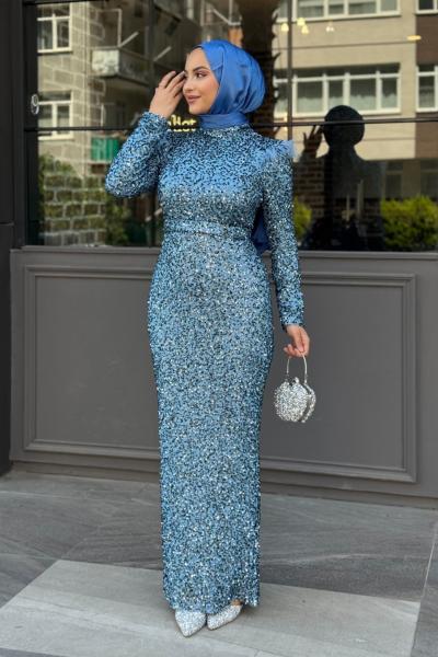 Nilsu Payetli Kalem Abiye Mavi
