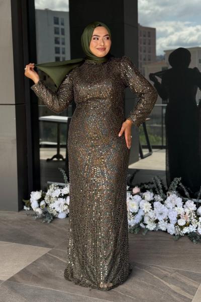 Özge Büyük Beden Tesettür Abiye koyu haki