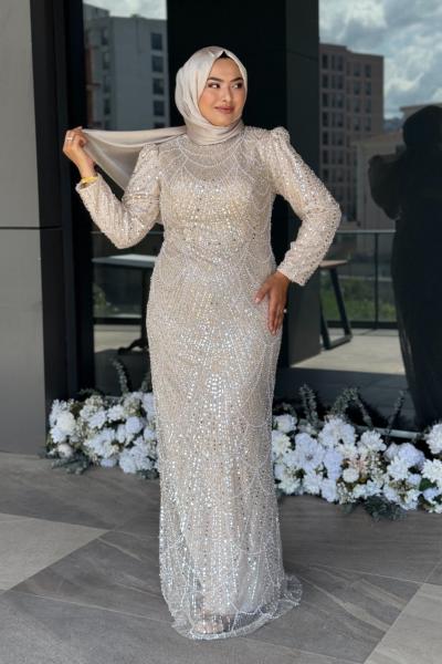 Özge Büyük Beden Tesettür Abiye Taş Rengi