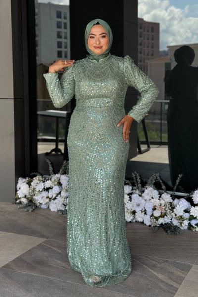 Özge Büyük Beden Tesettür Abiye Mint Yeşili