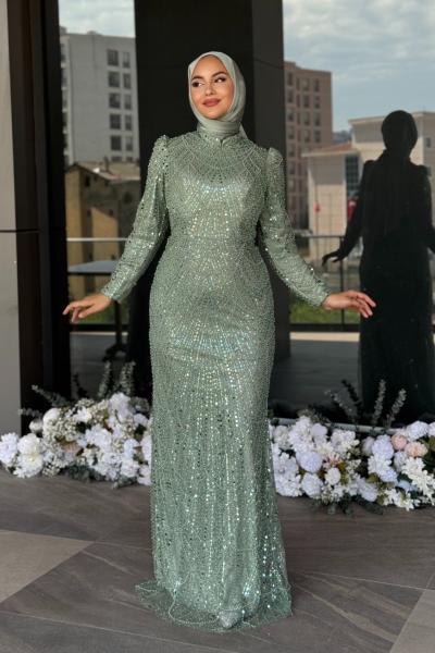Özge Tesettür Abiye Mint Yeşili