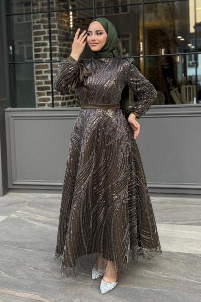 Selen Tesettür Abiye koyu haki