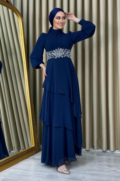 Sude Taşlı Şifon Abiye Lacivert