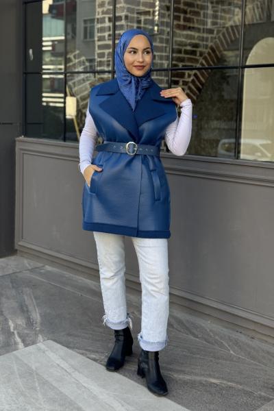 Tilbe Kürklü Yelek İndigo Mavisi