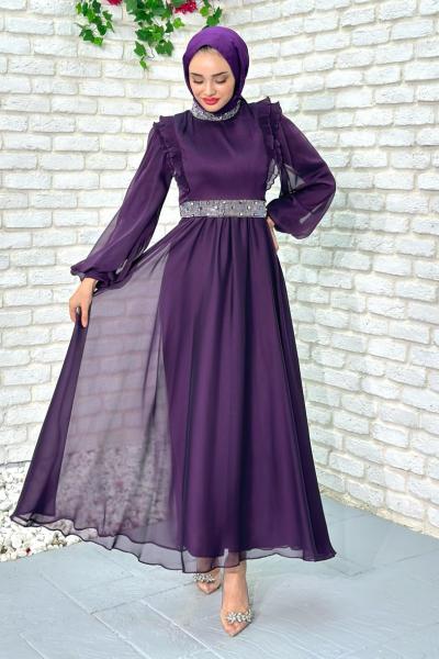 Zerda Taş Detaylı Abiye Tesettür Mor