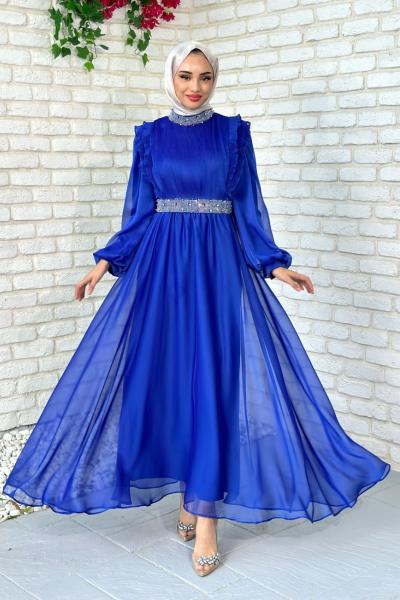 Zerda Taş Detaylı Abiye Tesettür Saks Mavisi