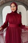 Melisa Tül abiye Bordo