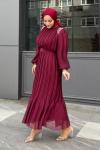 Sema Taş Detaylı Abiye Tesettür Bordo