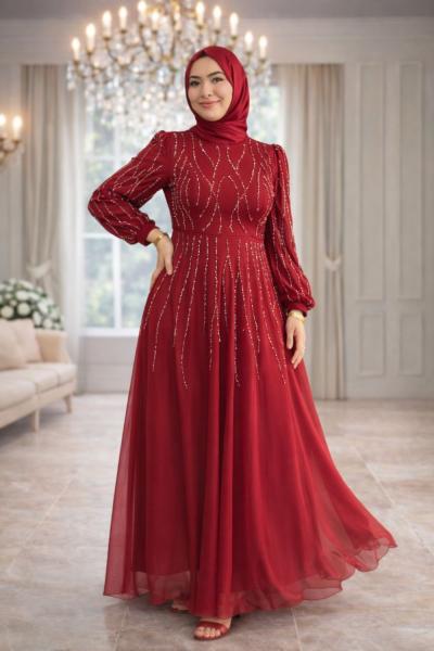 Elmas Tül Tesettür Abiye  Bordo