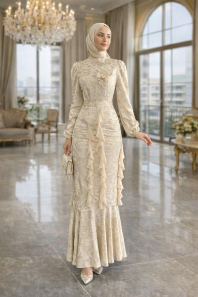 Gülay Tesettür Abiye Krem