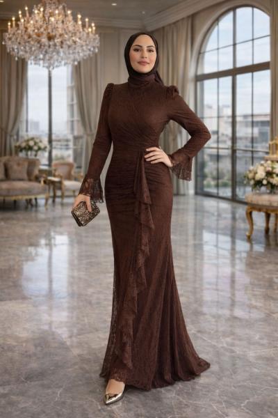 Esila Dantelli Tesettür Abiye Kahverengi