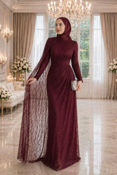 Sidal Dantelli Tesettür Abiye Bordo