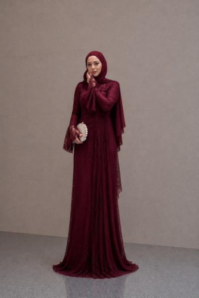 Gizem Dantel Tesettür Abiye Bordo