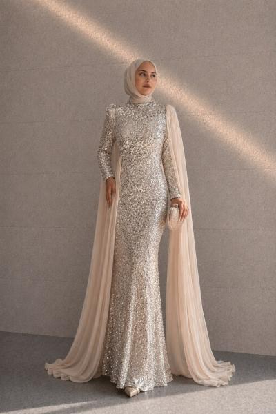 Nişantaşı Tesettür Abiye Krem