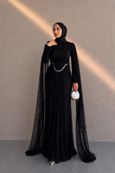 Alara Dantel Tesettür Abiye Siyah
