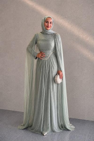 Alara Dantel Tesettür Abiye Mint Yeşili