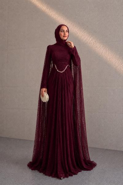 Alara Dantel Tesettür Abiye Bordo