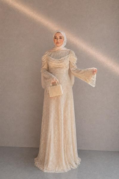 Gökçe Dantel Tesettür Abiye Taş Rengi