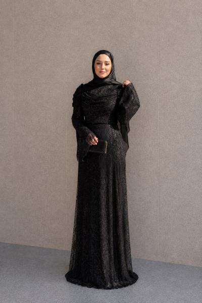 Gökçe Dantel Tesettür Abiye Siyah