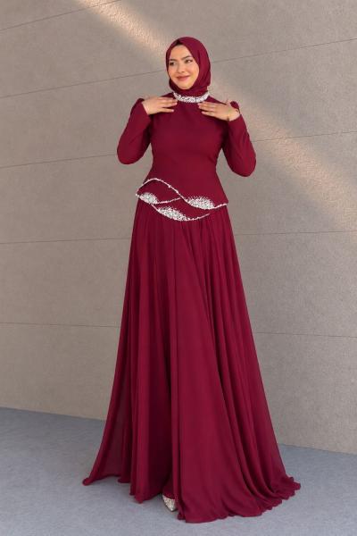 Nergis Tesettür Abiye Bordo
